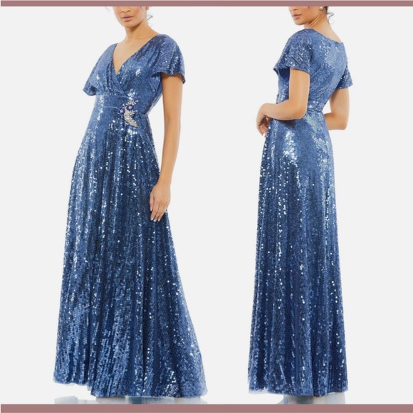NWT $598 Mac Duggal [ 18 ]‎ Sequined Butterfly Sleeve Wrap A-line Gown Blue - Picture 2 of 15